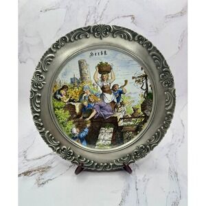Vintage German Pewter Harvest Scene "Herbst" Zinn Pewter Porcelain Plate 9"